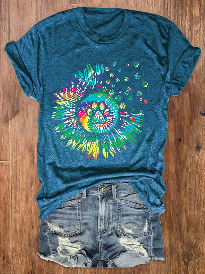 Women's Colorful Sunflower Dog Paw Graphic Tee