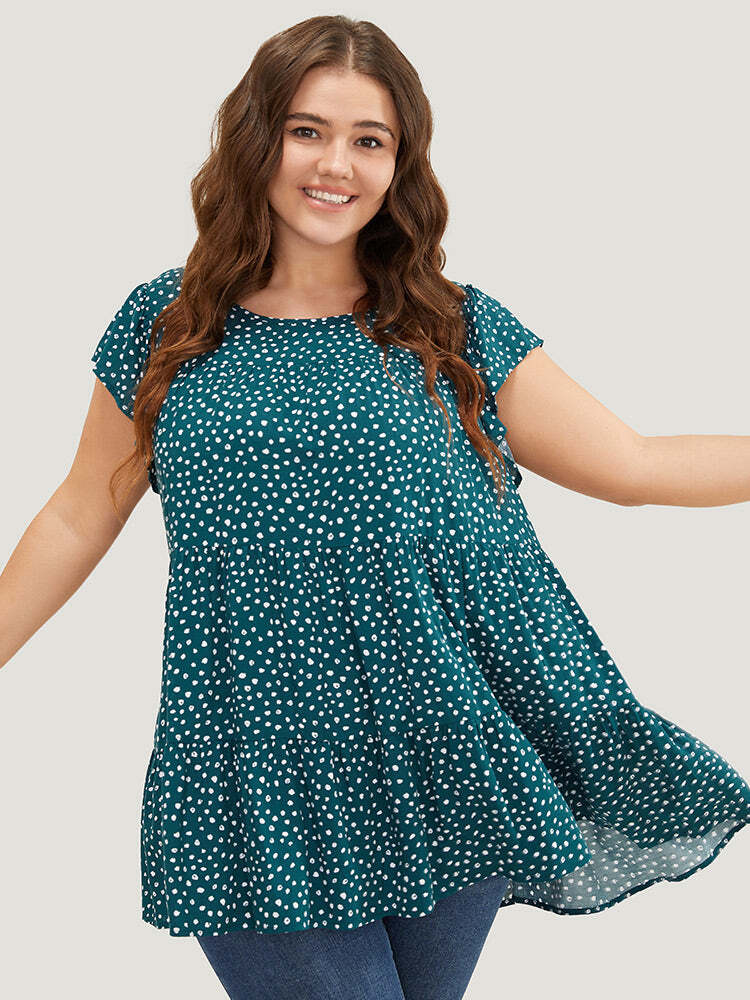 🌸Allover Print Cap Sleeve Ruffle Hem Gathered Blouse