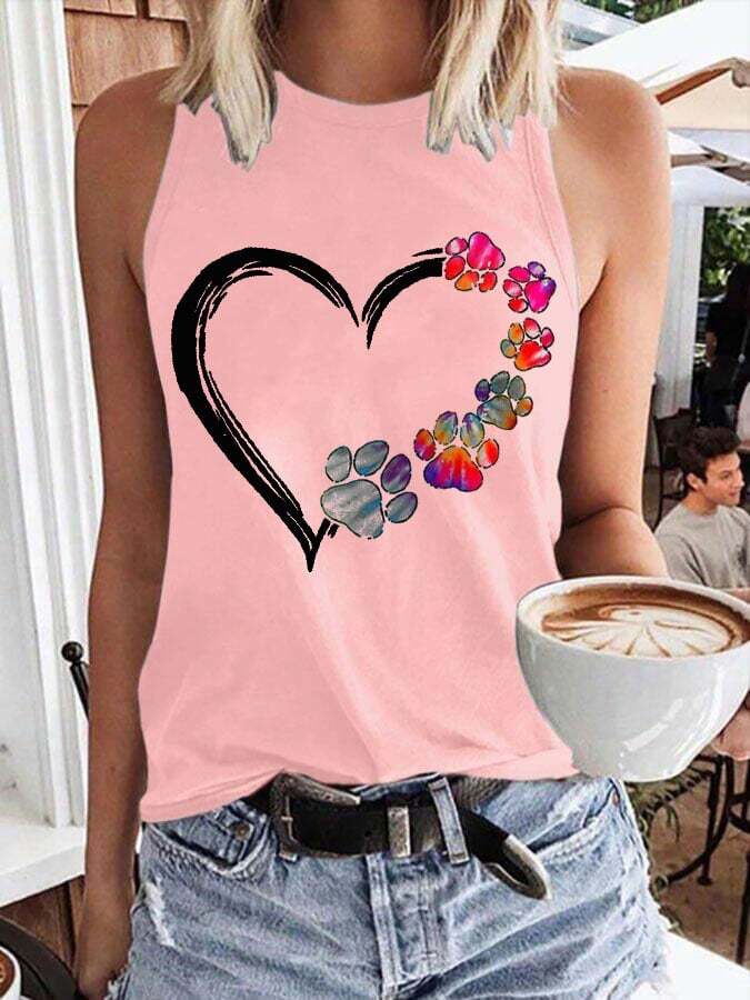 Women's Heart Paw Dog Lover Heart Print Sleeveless T-Shirt