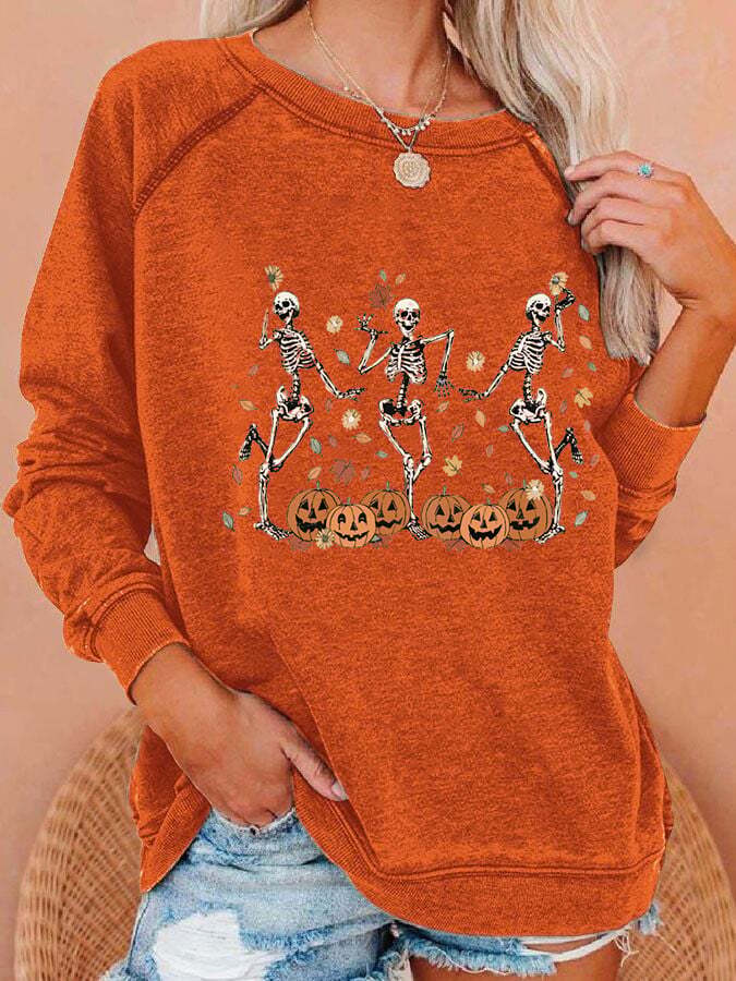 Women's Dancing Skeleton Pumpkin Print Casual Sweatshirt
