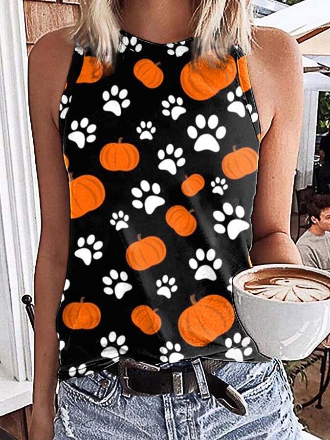 Women's Dog Paw Print Pumpkin Casual Vest Top