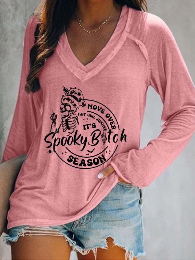 Women's Halloween Move Over Hot Girl Summer It's Spooky Bitch Season Print Casual Long Sleeve V-Neck T-Shirt