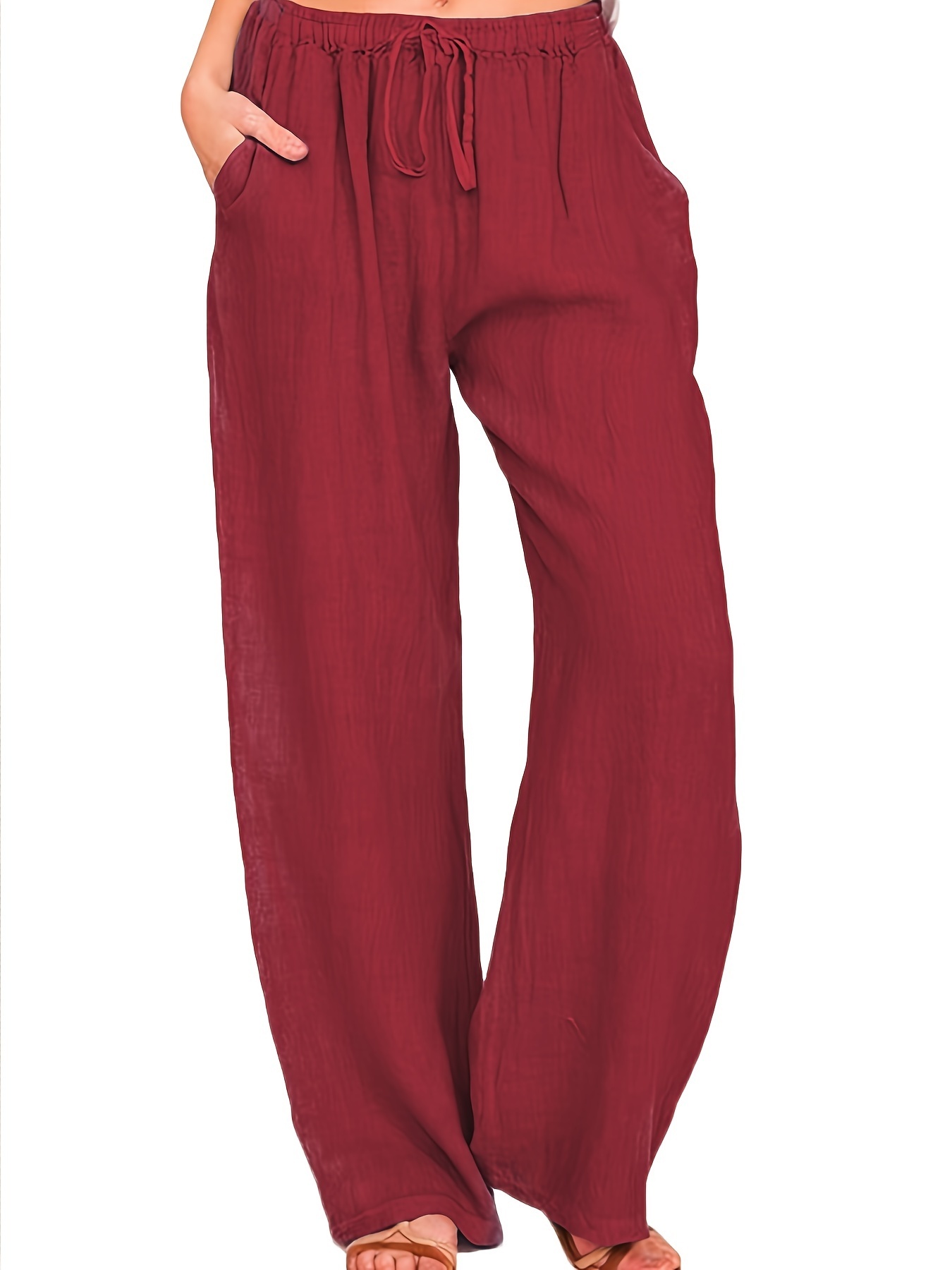 Women's Plus Size Solid Color Straight Drawstring Pants with Pockets