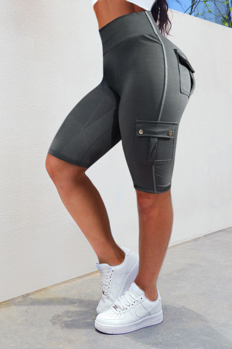 Flap Pocket High Waist Sports Biker Shorts
