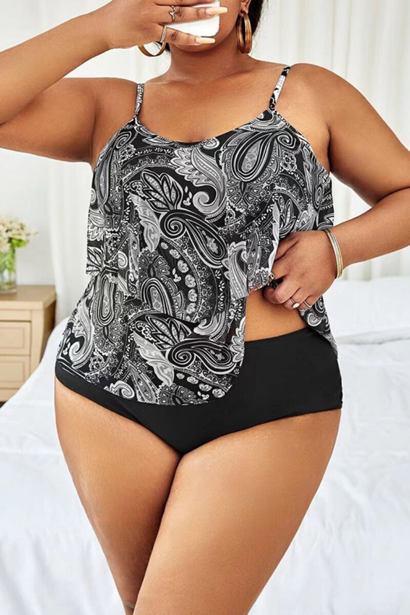 Black Sexy Print Backless Spaghetti Strap Plus Size Swimwear