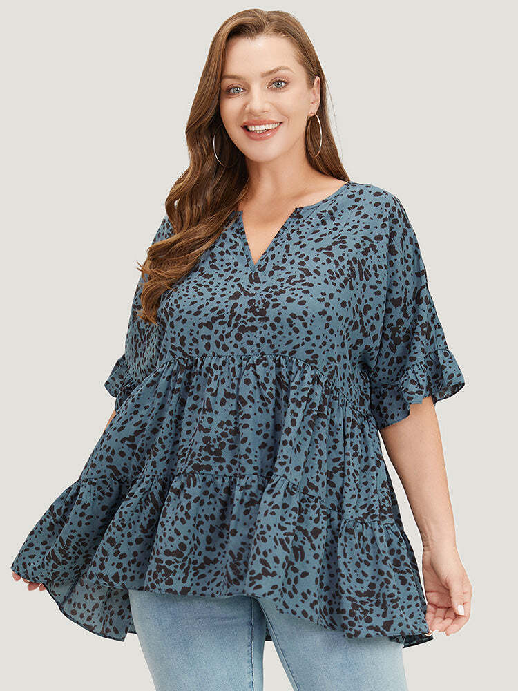 Leopard Tiered Hem Notched Ruffle Sleeve Blouse