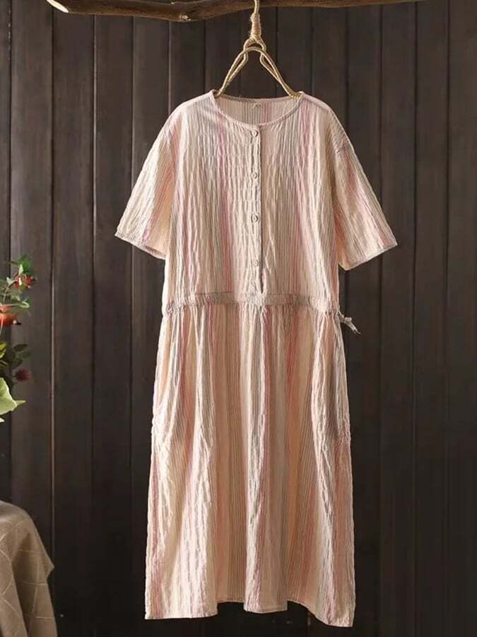 Cotton And Linen Vertical Stripe Tie Up Waist Dress