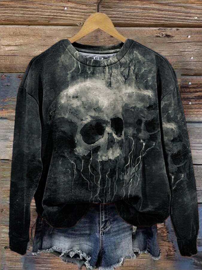 Women's Halloween Bound By Shadow Skull Print Sweatshirt