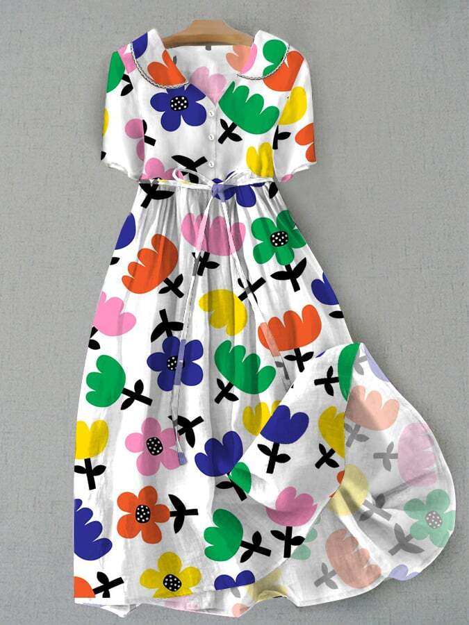 Casual Art Cartoon Floral Print Tie Loose Dress