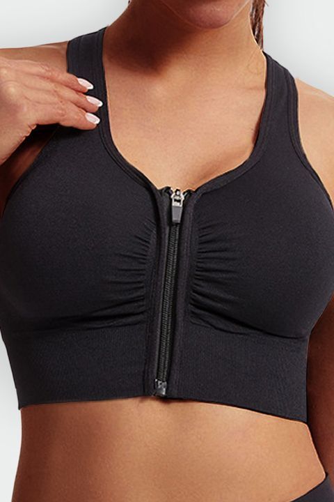 Ruched Zip Front Cut Out Back Sports Bra