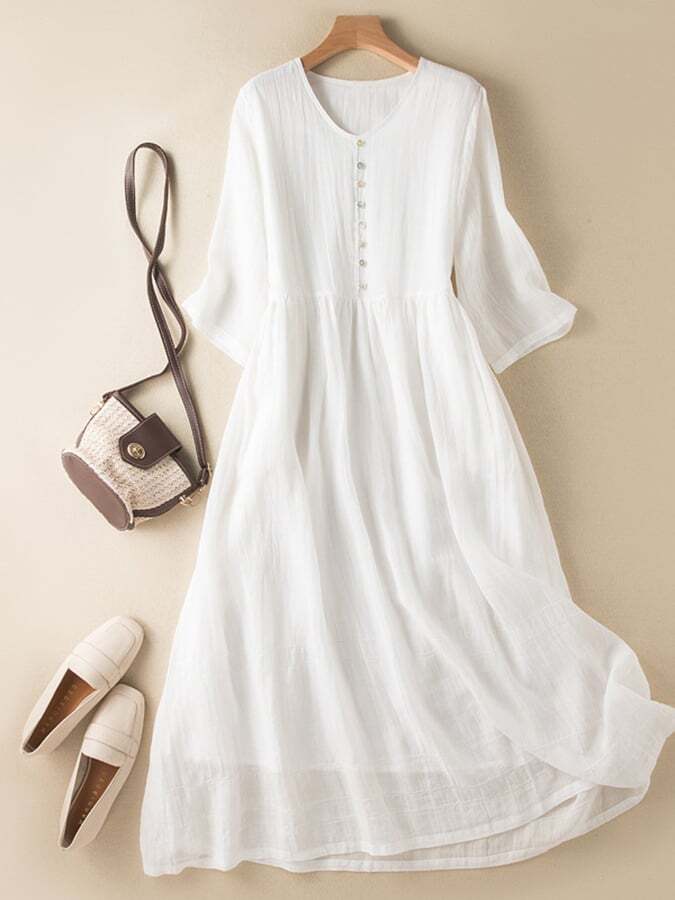 Cotton and Linen Double Layer Lined Solid Color Dress