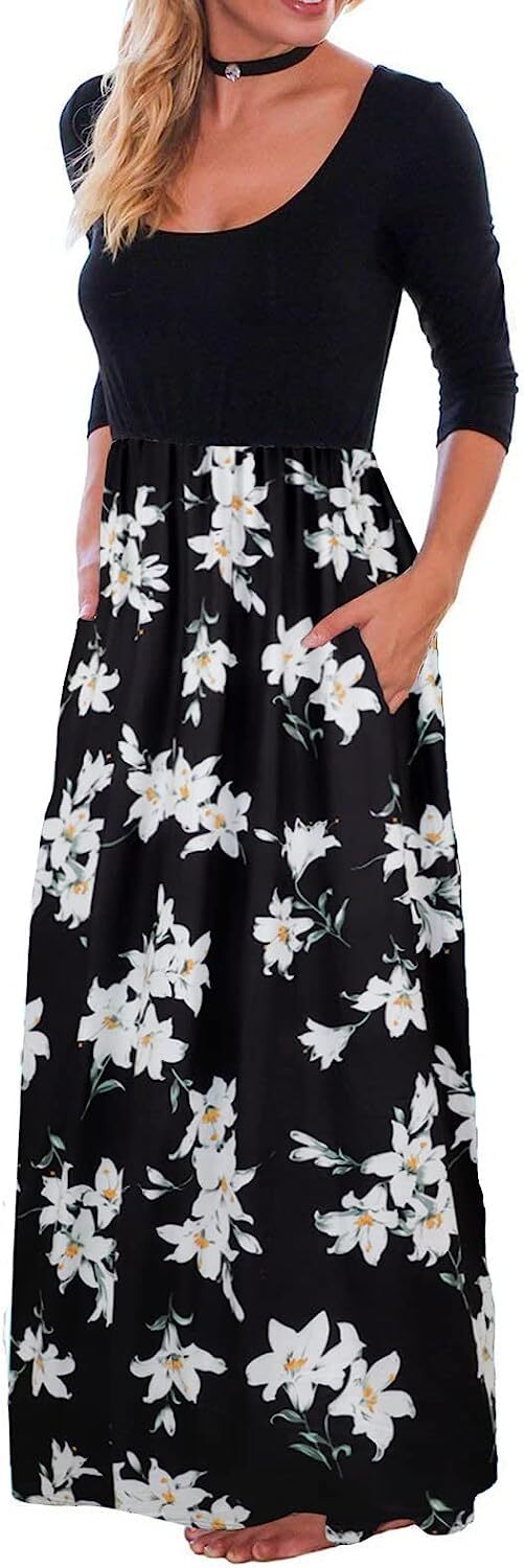 Supnier Women's Short Long Sleeve Maxi Dresses Casual Empire Waist Long Dress with Pockets