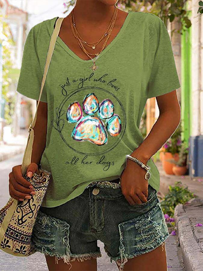 Women's Paws Just A Girl Who Loves All Her Dogs Print Casual T-Shirt