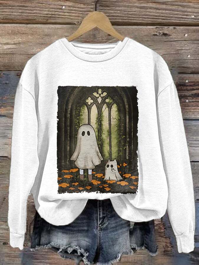 Retro Halloween Ghost And Cat Print Sweatshirt