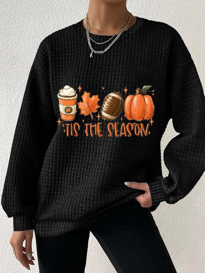 Women's Tis The Season Pumpkin Football Fall Waffle Sweatshirt