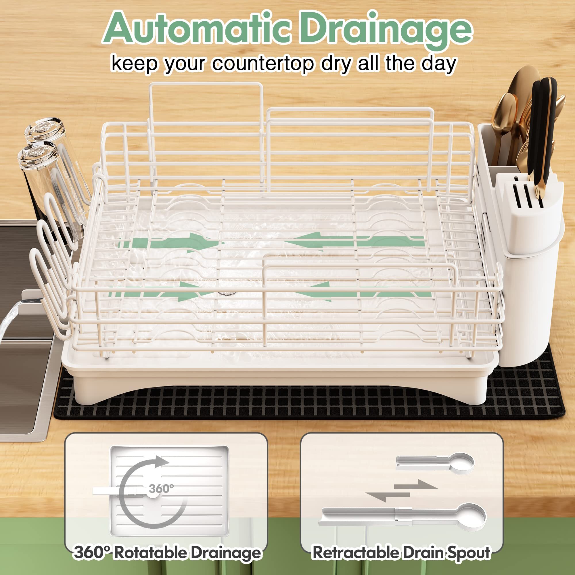 Dish Drying Rack- Space-Saving Dish Rack, Dish Racks for Kitchen Counter, Durable Stainless Steel Kitchen Drying Rack with a Cutlery Holder, Drying Rack for Dishes, Knives, Spoons, and Forks