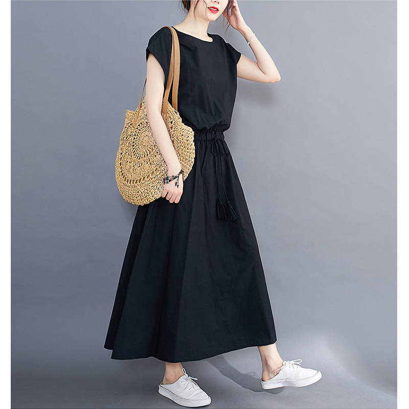 Finneyy Solid Color Casual Drawstring Vintage Dress