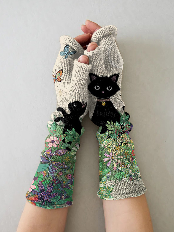 (Ship within 24 hours)Retro cat casual print knit fingerless gloves