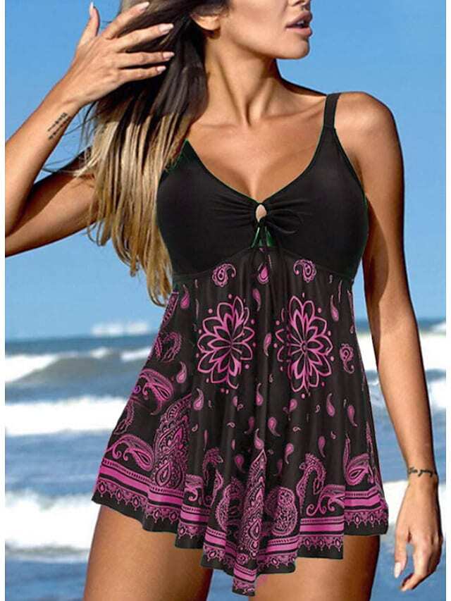 Women's Swimwear Tankini 2 Piece Normal Swimsuit High Waisted Print Floral Print Black Purple Padded V Wire Bathing Suits Sports Vacation Sexy / Strap / New / Strap