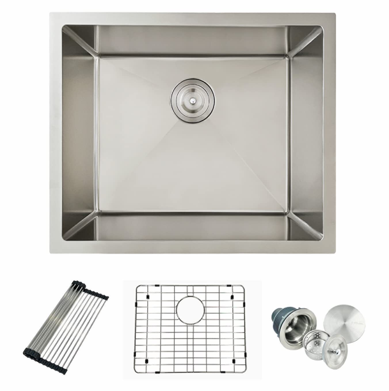 22-inch Undermount Kitchen Sink, 16 Gauge Single Bowl Stainless Steel Kitchen Sink Set with Strainer & Bottom Grid (22