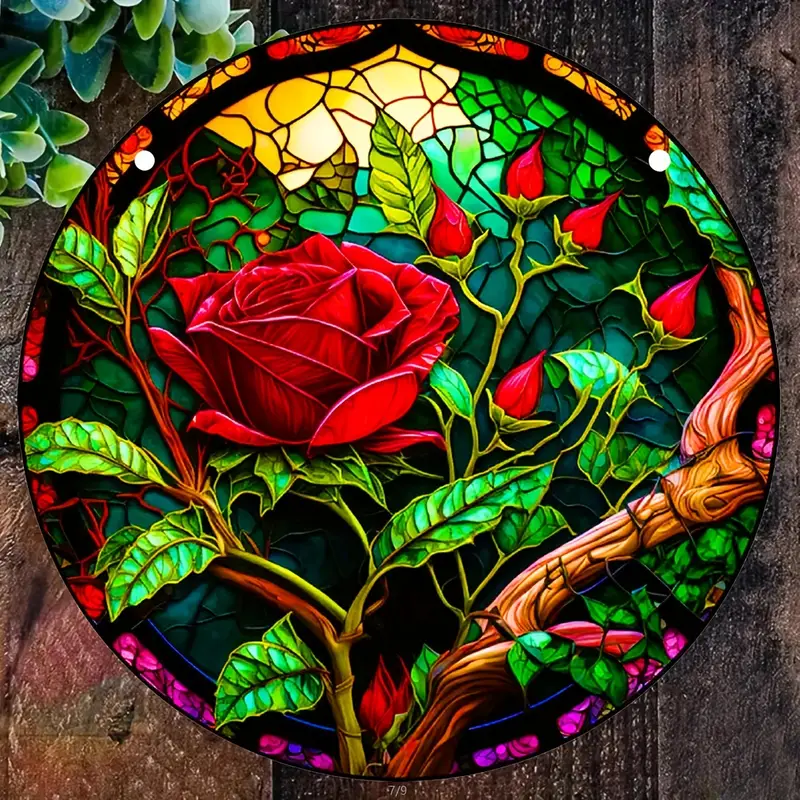 Red Rose Suncatcher, Stained Acrylic Window Hanging Sun Catcher Colorful Ornament Hand-Painted Acrylic Panel Decor, Wall Decor Bedroom Decor