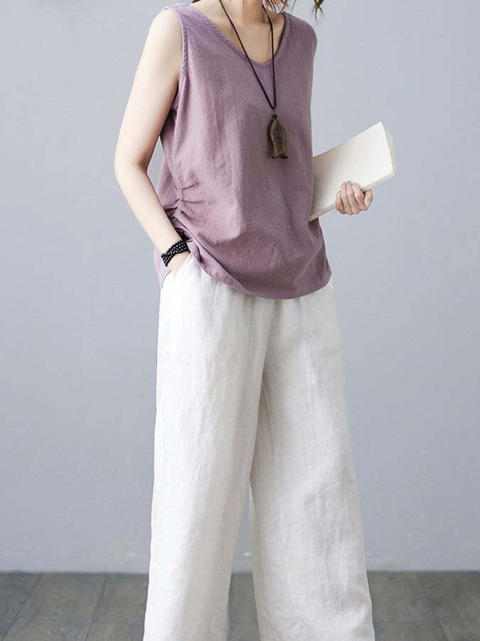 Women's Vintage Cotton Linen Round Neck Sleeveless Vest