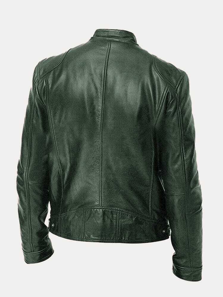 Stand Collar Zipper Cardigan Pocket PU Leather Jacket