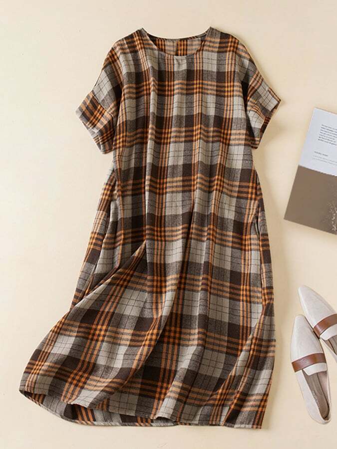 Vintage Plaid Cotton Linen A-Line Pocket Dress