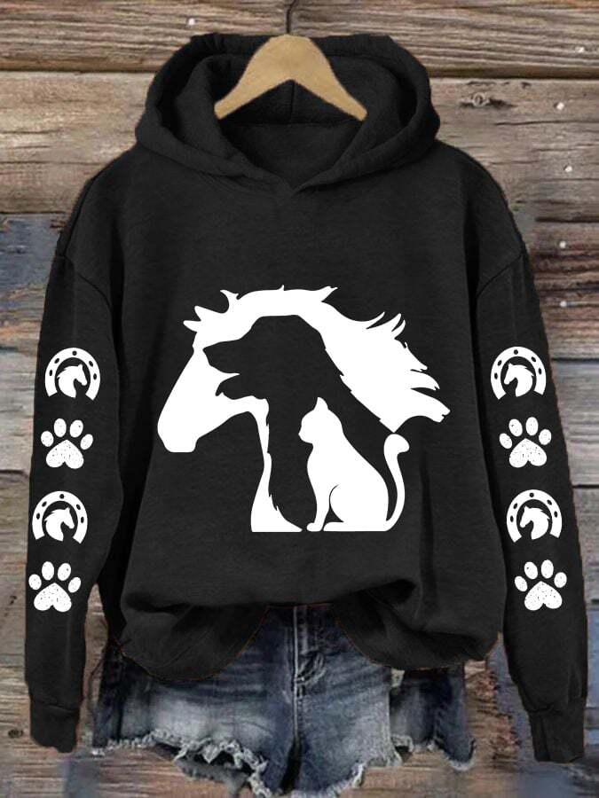Women's Cat Dog Horse Silhouette Print Hooded Sweatshirt