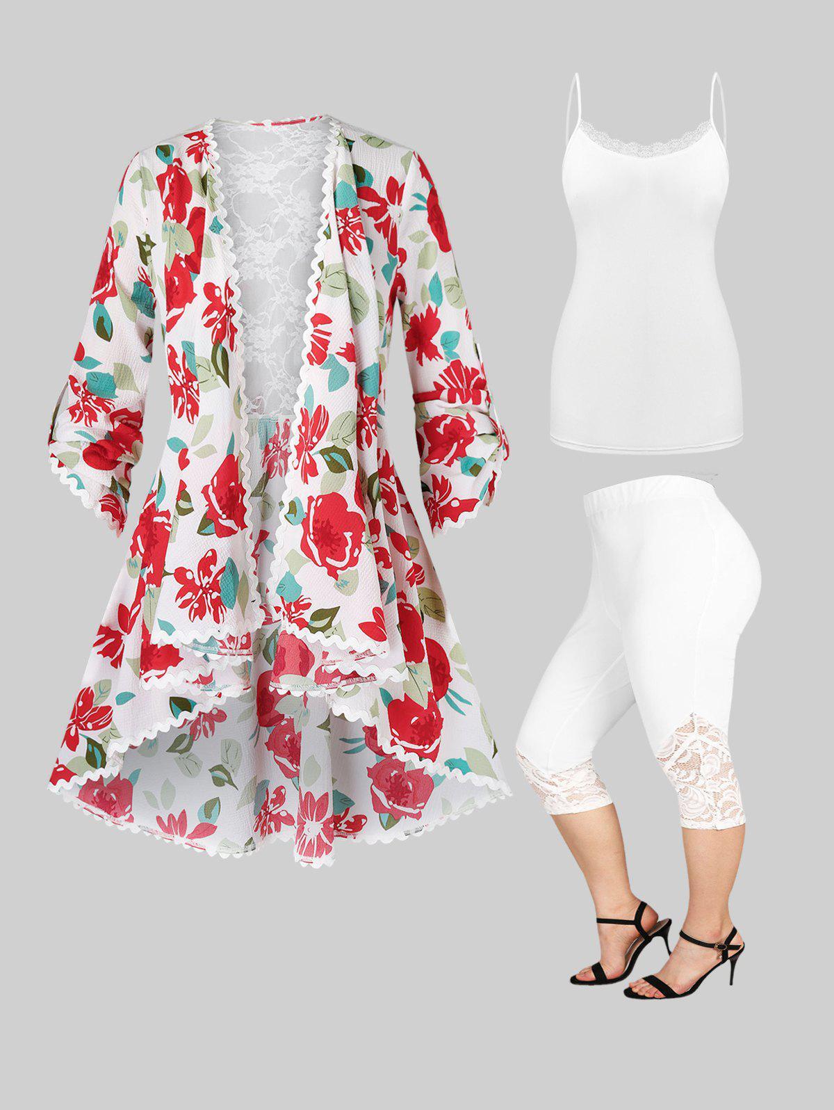 Cottagecore Lace Floral Cardigan & Cami Top & Curve High Waist Capri Leggings Plus Size Summer Outfit