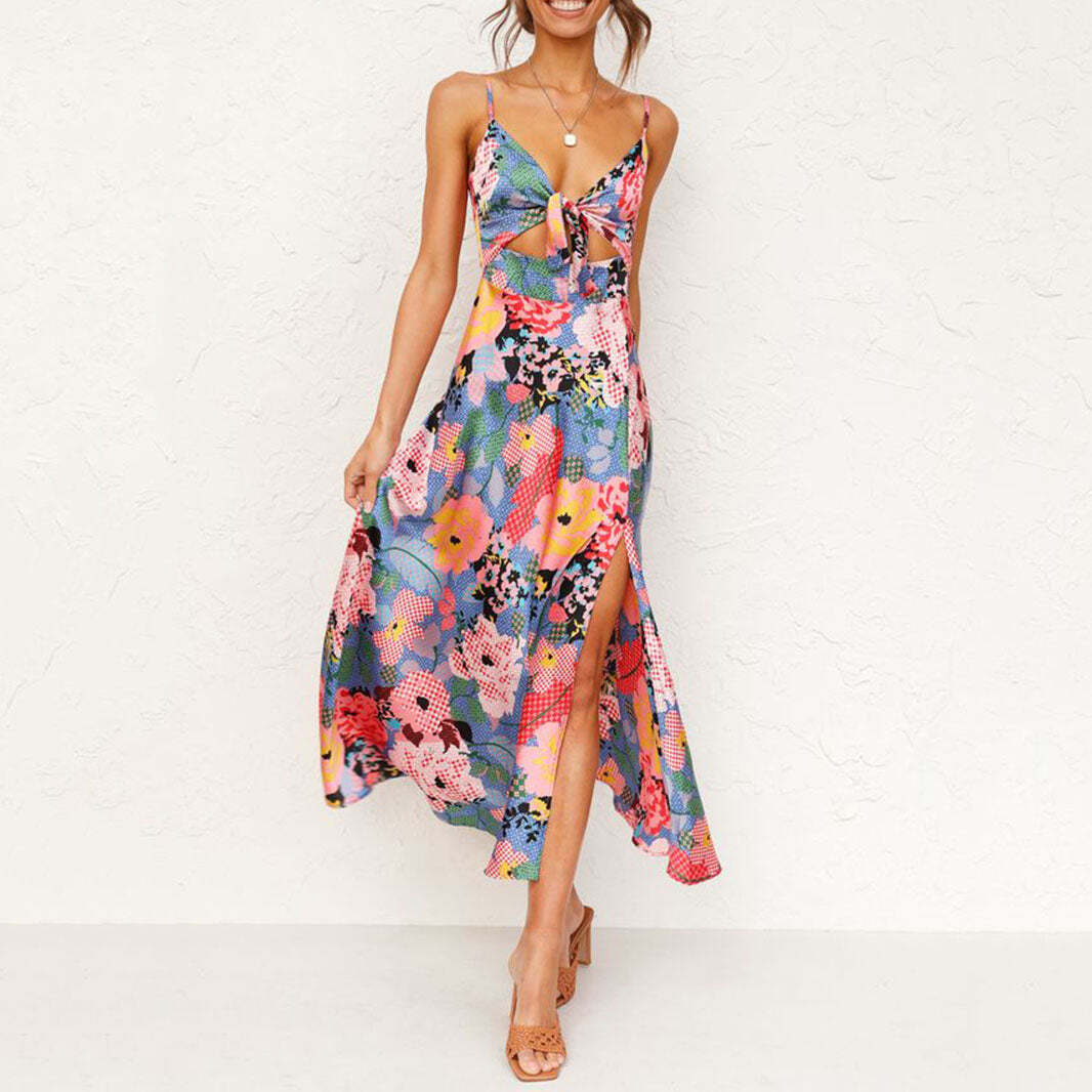 Contrasting color personalized print suspender dress long skirt