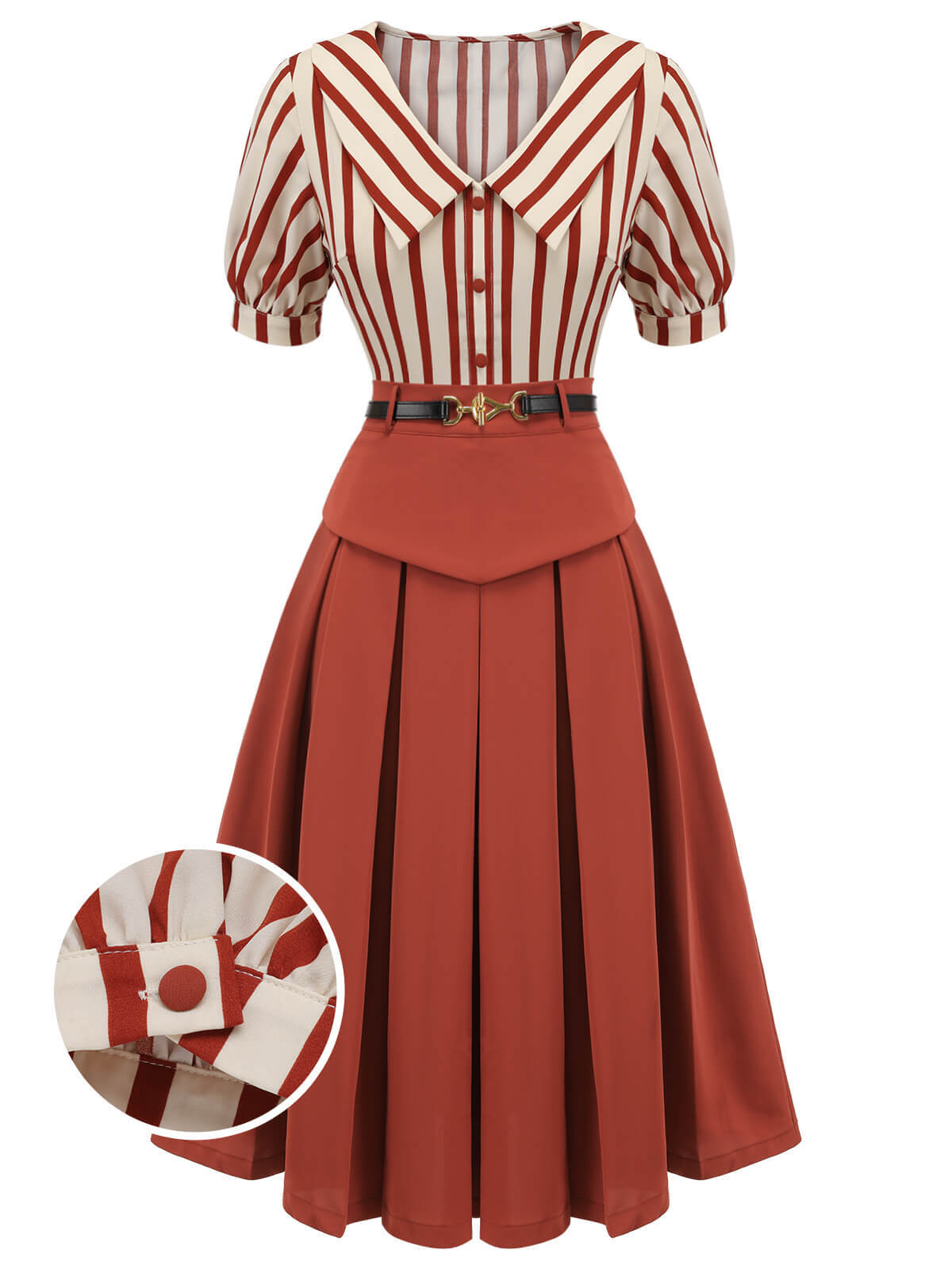 [Pre-Sale] 2PCS Orange Red 1950s Striped Blouse & Pleated Skirt