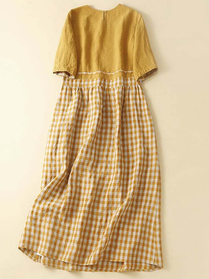 Cotton And Linen Plaid Retro High Waisted Slimming Dress