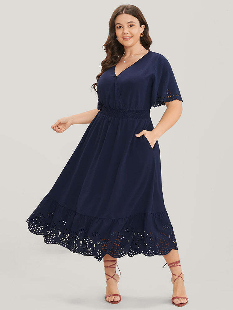 Solid Laser Cut Shirred Pocket Wrap Scalloped Trim Flutter Dress