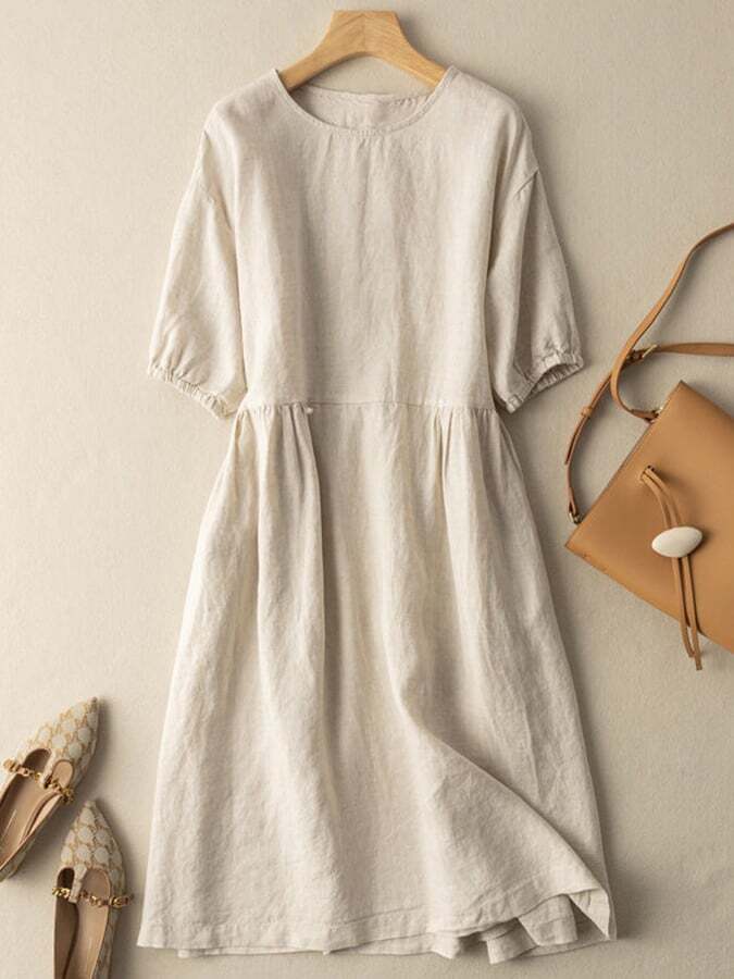 Mid Length Mid Sleeved Cotton Linen Dress