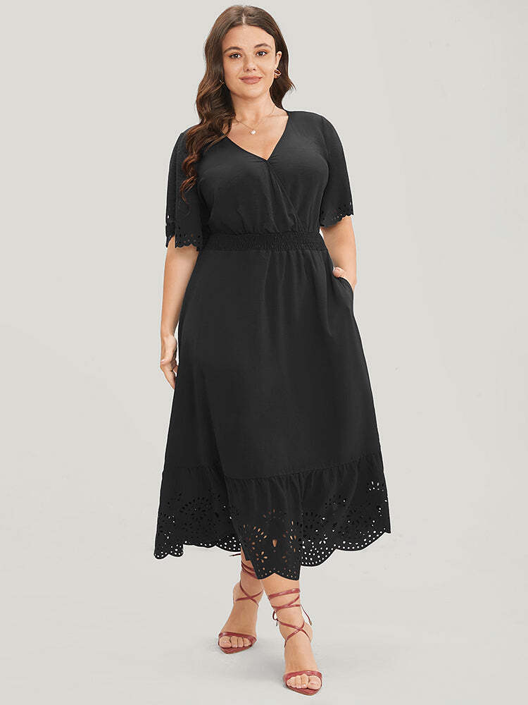 Solid Laser Cut Shirred Pocket Wrap Scalloped Trim Flutter Dress
