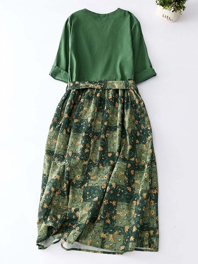 Cotton And Linen Waistband Printed Floral Dress