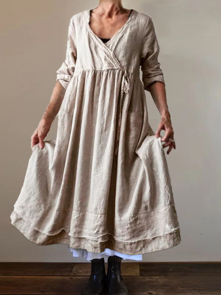 Pleated Frayed Hem Wrap V Neck Maxi Dress