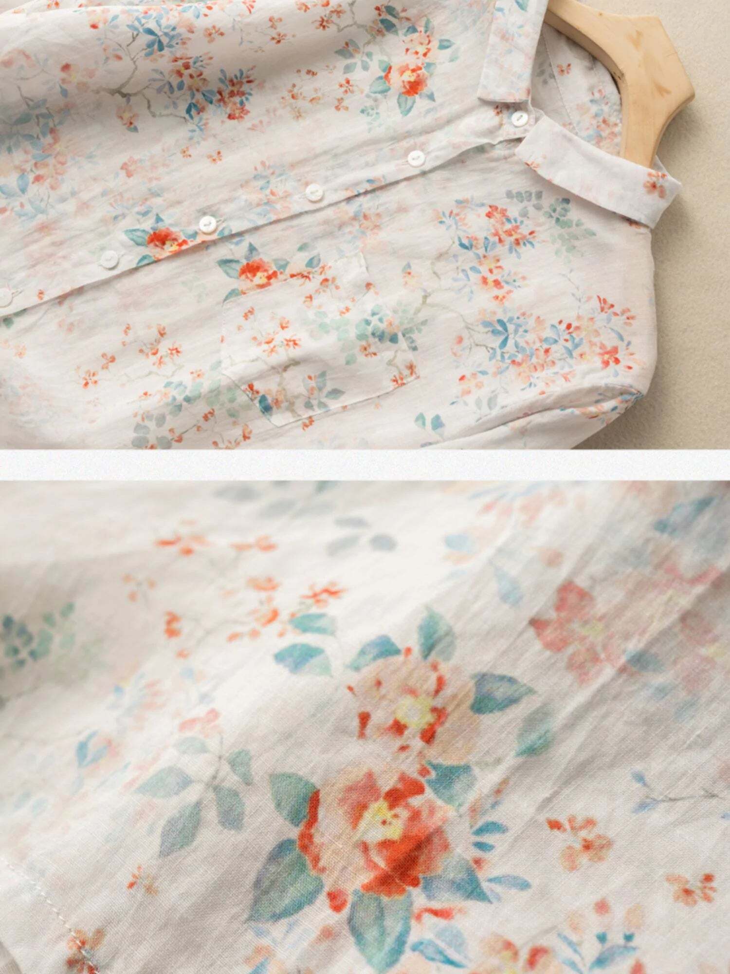 Floral Print Long Sleeve Casual Linen Shirt Top