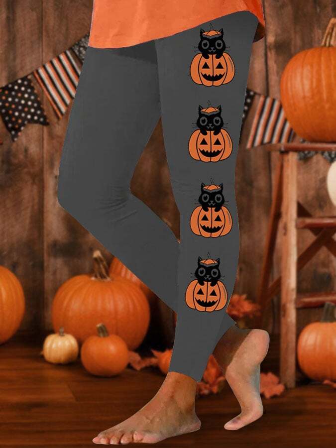 Women's Halloween Black Cat Pumpkin Print Leggings