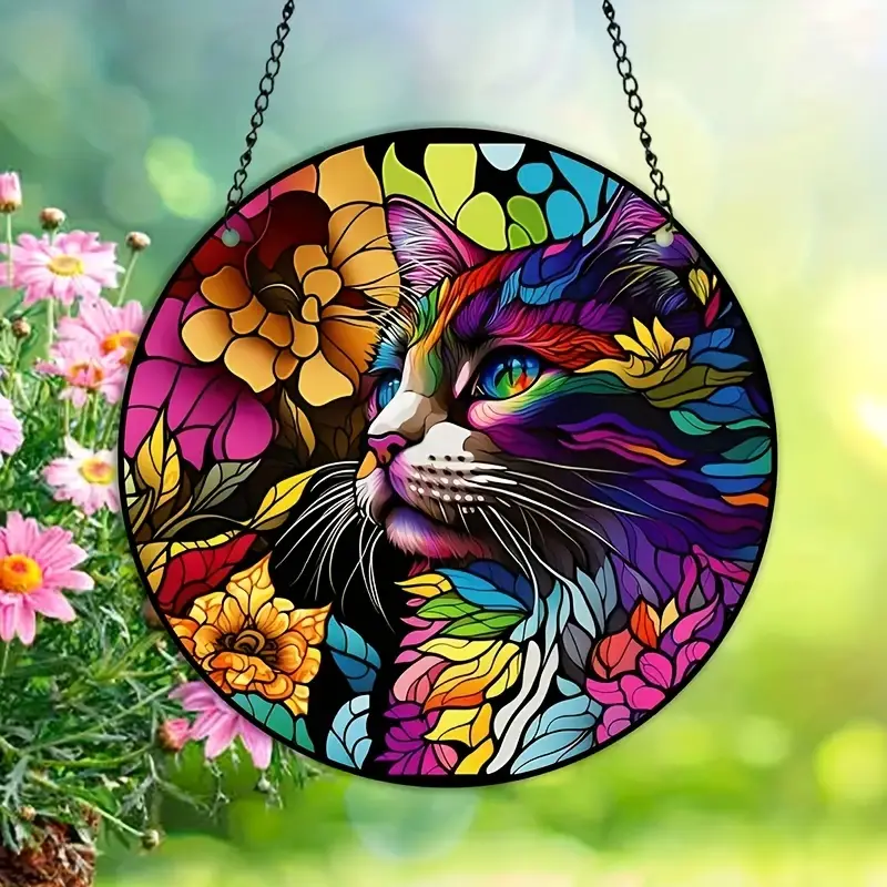 Acrylic Art Symphony Flower Cat Pendant Premium Mysterious Home Decor Window Hanging Suncatcher, Creative Gift, Birthday Holiday Event Home Decor Garland Sign