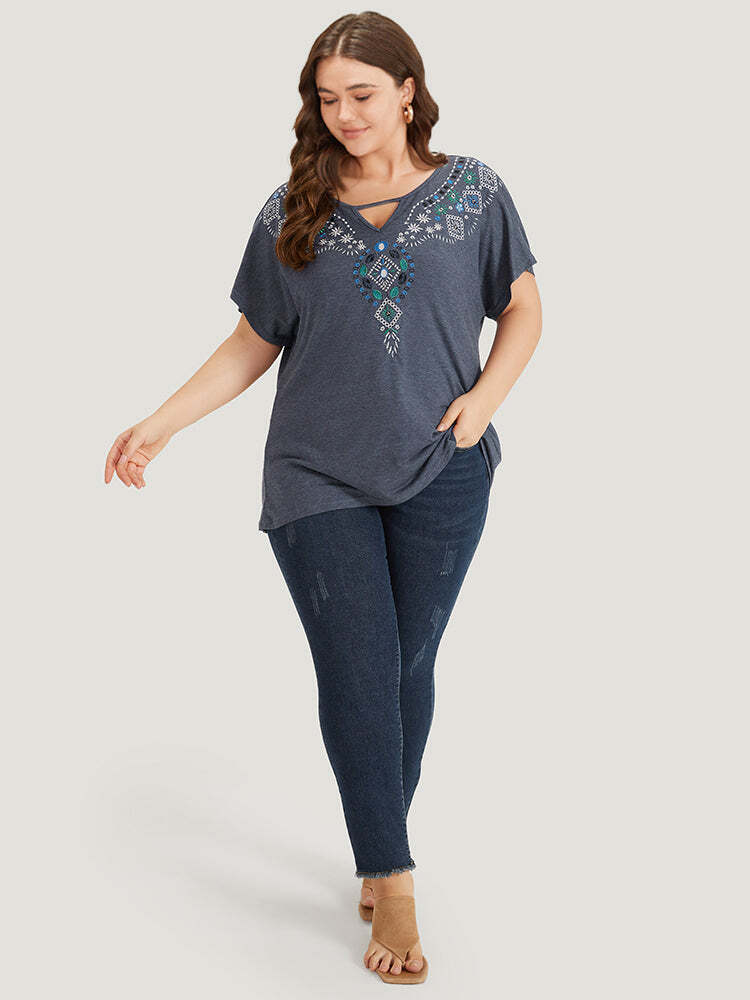 Floral Embroidered Keyhole Dolman Sleeve T-shirt