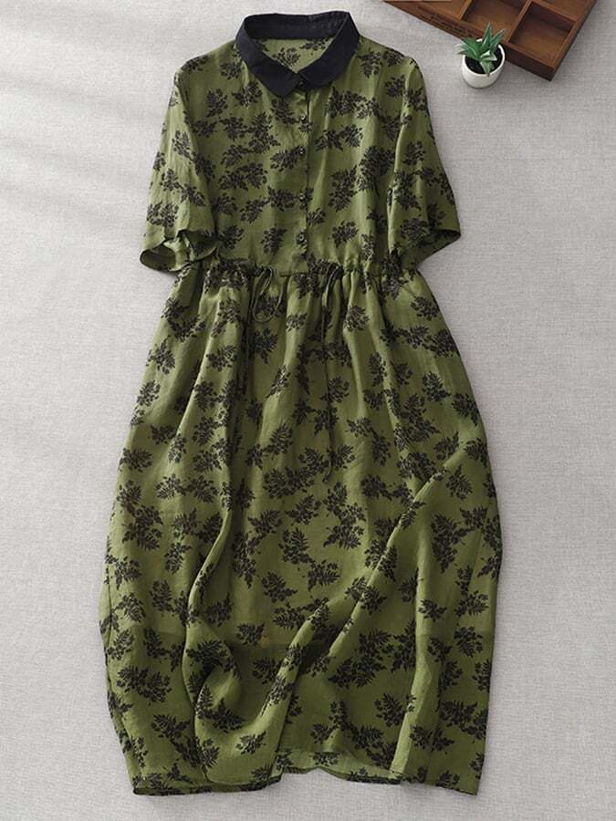 Printed Lapel Simple Cotton Linen Dress