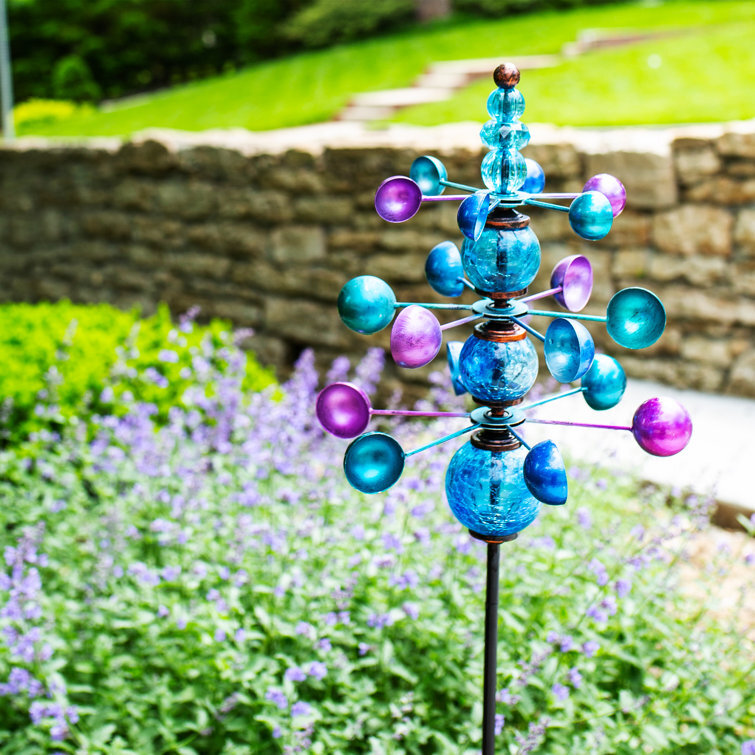 Three Tier Wind Spinner Garden Stake with Glass Crackle Balls, 14 by 4