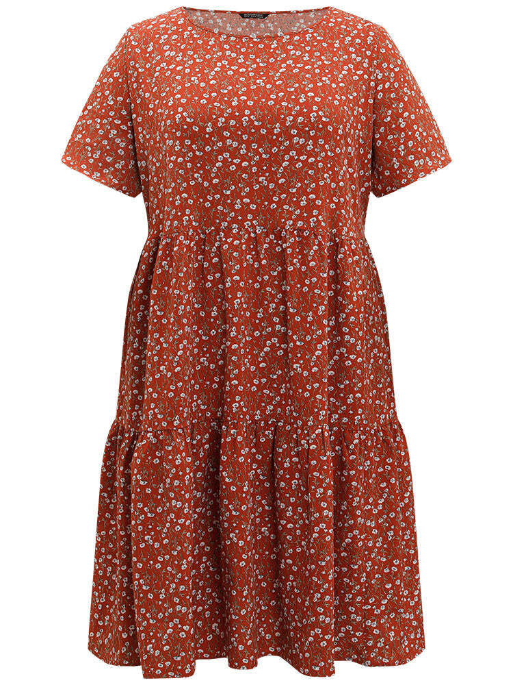 Ditsy Floral Pocket Layered Patchwork Crew Neck Dress
