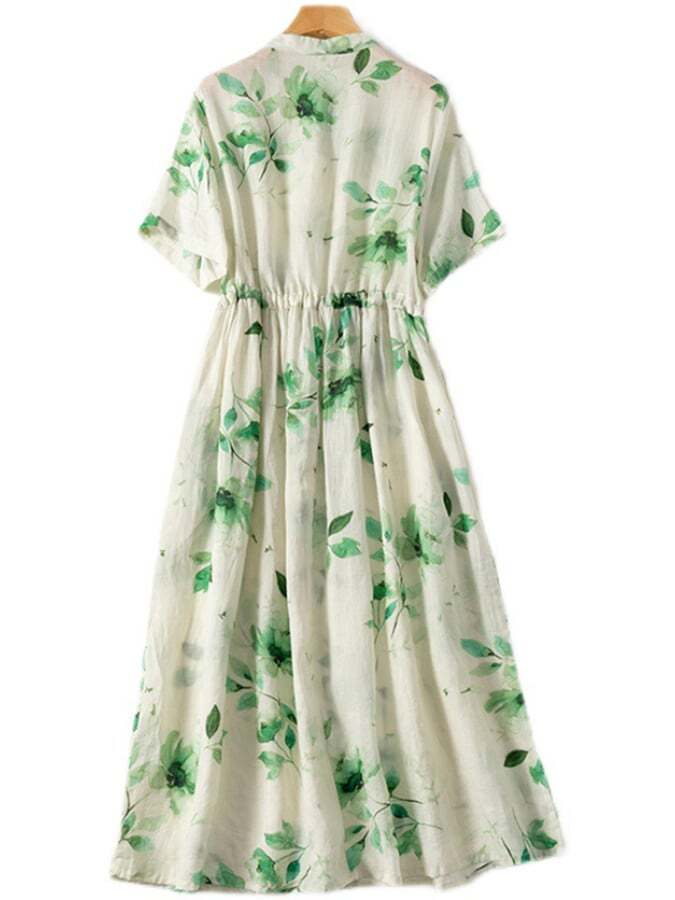Cotton And Linen Retro Art Print Waist Up Slimming Dress