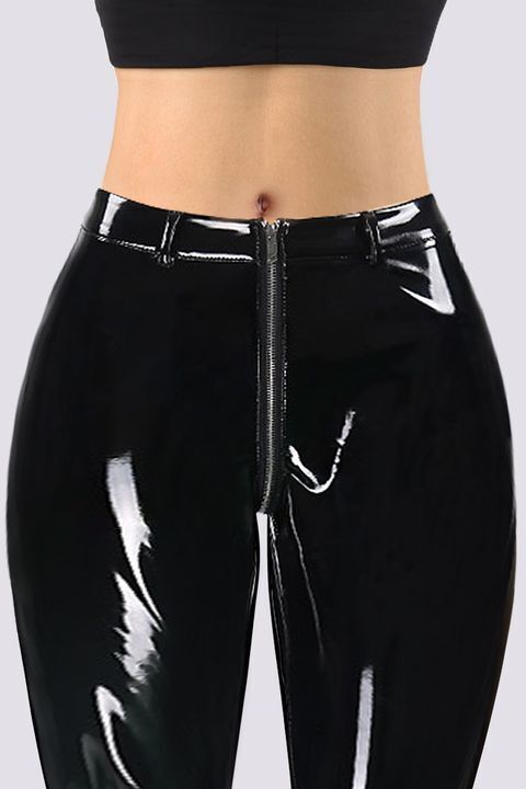 PU Leather Zip Design Glossy Leggings