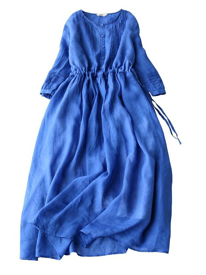 Medium Sleeved Cotton Linen Loose Lace Up Pleated Large Swing Dress