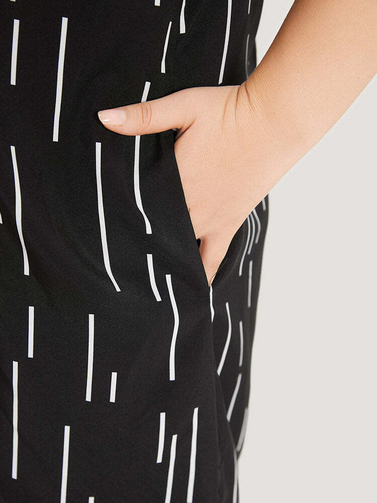 Line Print Notched Bell Sleeve Ruffle Hem Dress