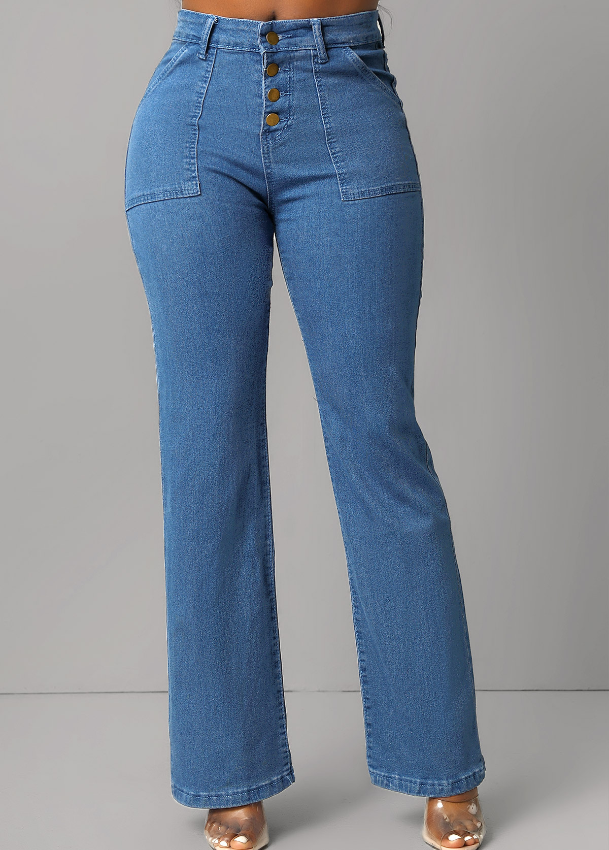 Pocket Button Fly Denim Blue Jeans - camarand